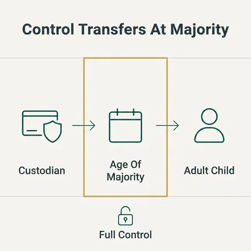 A flat vector diagram on an off-white background titled 'Control Transfers At Majority' shows a three-panel left-to-right timeline connected by thin teal arrows: a shield glyph labeled 'Custodian', a calendar glyph labeled 'Age Of Majority' (highlighted with a gold border as the pivotal moment), and a person outline glyph labeled 'Adult Child'. Below the three panels, a single unlocked-padlock glyph labeled 'Full Control' summarizes the outcome, indicating that custodial control passes fully to the child once they reach the legal age of majority, with no dollar amounts or guaranteed outcomes depicted.