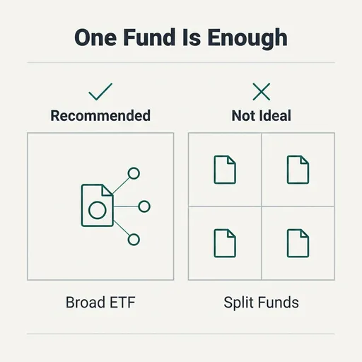 A flat vector comparison diagram titled 'One Fund Is Enough' shows two bordered panels on a warm off-white background. The left panel, marked with a teal checkmark and labeled 'Recommended,' depicts a single teal ETF document icon labeled 'Broad ETF' with thin connector lines to small circles inside the same cell, illustrating built-in diversification within one fund. The right panel, marked with a teal X and labeled 'Not Ideal,' shows a 2x2 grid of four separate small teal document icons labeled 'Split Funds,' illustrating unnecessary fragmentation across multiple funds. No dollar amounts, percentages, or outcome figures are shown; the diagram uses only pale gray hairline borders, deep slate text, and teal monoline icons.