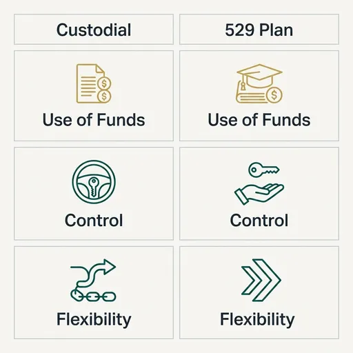 A flat vector comparison table titled 'Choose By Goal' contrasts a Custodial Account and a 529 Plan across three rows. Left column header 'Custodial' has a monoline compass glyph above the word 'Flexible' in the Use of Funds row, a monoline hourglass glyph above 'Transfers' in the Control row, and a monoline open-door glyph above 'Any Use' in the Flexibility row. Right column header '529 Plan' has a monoline graduation-cap glyph above 'Education' in the Use of Funds row, a monoline shield glyph above 'Retained' in the Control row, and a monoline lock glyph above 'Restricted' in the Flexibility row. All glyphs are thin teal monoline icons, one per cell, on matching off-white backgrounds separated by pale gray hairline borders, with deep slate text throughout and no dollar amounts or outcome imagery.