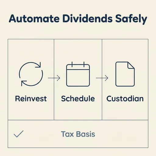 A McKinsey-style exhibit titled 'Automate Dividends Safely' shows a three-step horizontal flow with thin arrows connecting rectangular cells: a circular-arrow icon labeled 'Reinvest', a calendar icon labeled 'Schedule', and a document icon labeled 'Custodian'. Below this row, a footnote cell contains a checkmark icon labeled 'Tax Basis'. All icons are simple monoline navy glyphs on a plain cream background with minimal text and no numerical figures.