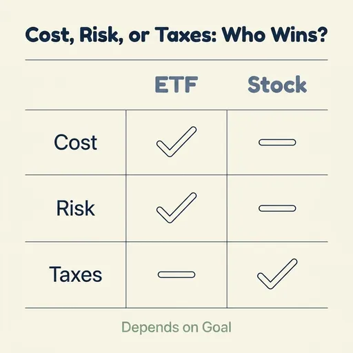 A comparison table titled 'Cost, Risk, or Taxes: Who Wins?' with row labels Cost, Risk, and Taxes and column headers ETF and Stock. Simple checkmark and dash glyphs fill the six cells: ETF shows checkmarks for Cost and Risk and a dash for Taxes, while Stock shows dashes for Cost and Risk and a checkmark for Taxes. Below the table, a small caption reads 'Depends on Goal', indicating the best choice varies by the family's financial priorities.