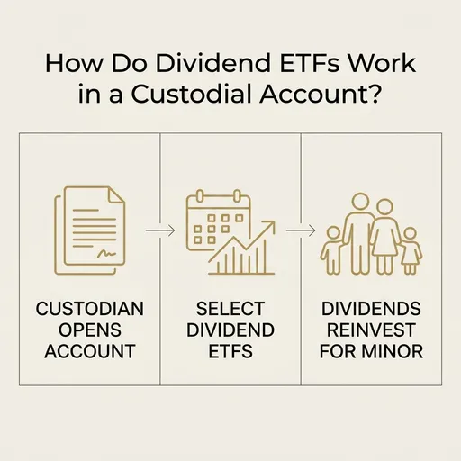 A three-panel exhibit shows a left-to-right flow for how a dividend ETF works inside a custodial account: the left cell has a document glyph labeled 'Custodian Opens Account', a thin arrow points to the middle cell showing a chart-and-calendar glyph labeled 'Select Dividend ETFs', and a second arrow points to the right cell showing a family glyph labeled 'Dividends Reinvest for Minor', all rendered as simple monoline icons on a plain cream background with navy text.