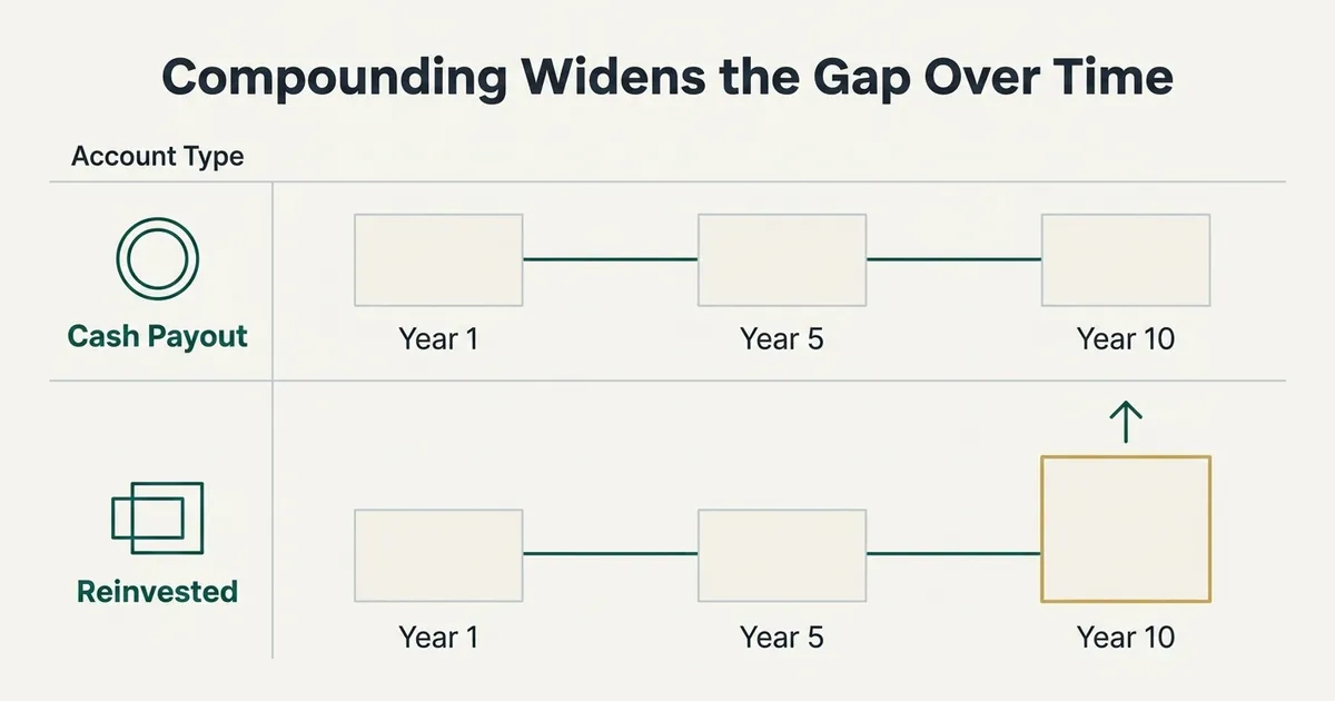 Flat vector information diagram comparing two ten-year timelines: a 'Cash Payout' band and a 'Reinvested' band, each divided into Year 1, Year 5, and Year 10 cells with thin gray hairline borders. Both bands start with matching cell heights, but by Year 10 the 'Reinvested' band's final cell is taller, outlined in muted gold, with a small teal upward arrow above it, schematically illustrating that reinvesting dividends compounds account growth more than taking cash payouts over ten years — no dollar amounts, percentages, or specific figures are shown.