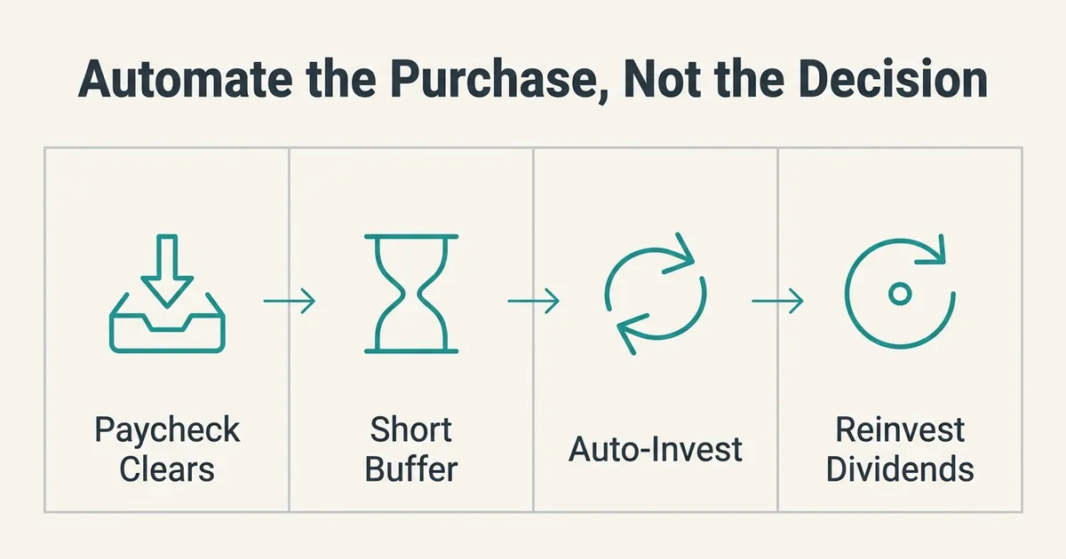 A four-step exhibit headed 'Automate the Purchase, Not the Decision' shows panels joined by teal arrows: a downward arrow…