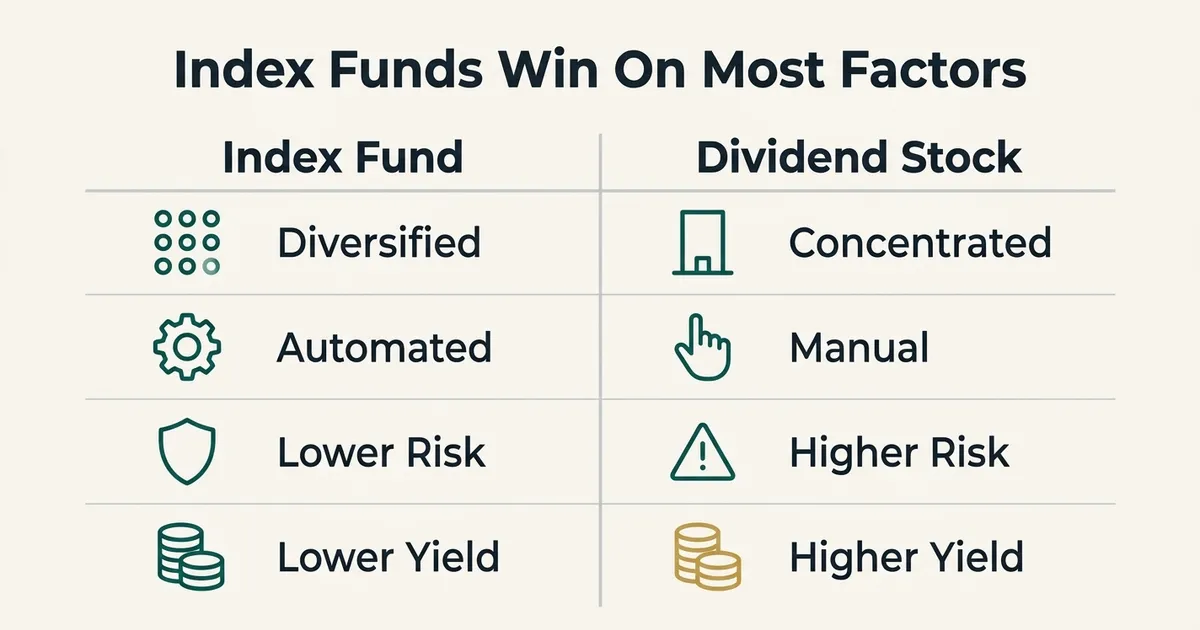 A comparison table titled 'Index Funds Win On Most Factors' contrasts Index Fund versus Dividend Stock across four rows…