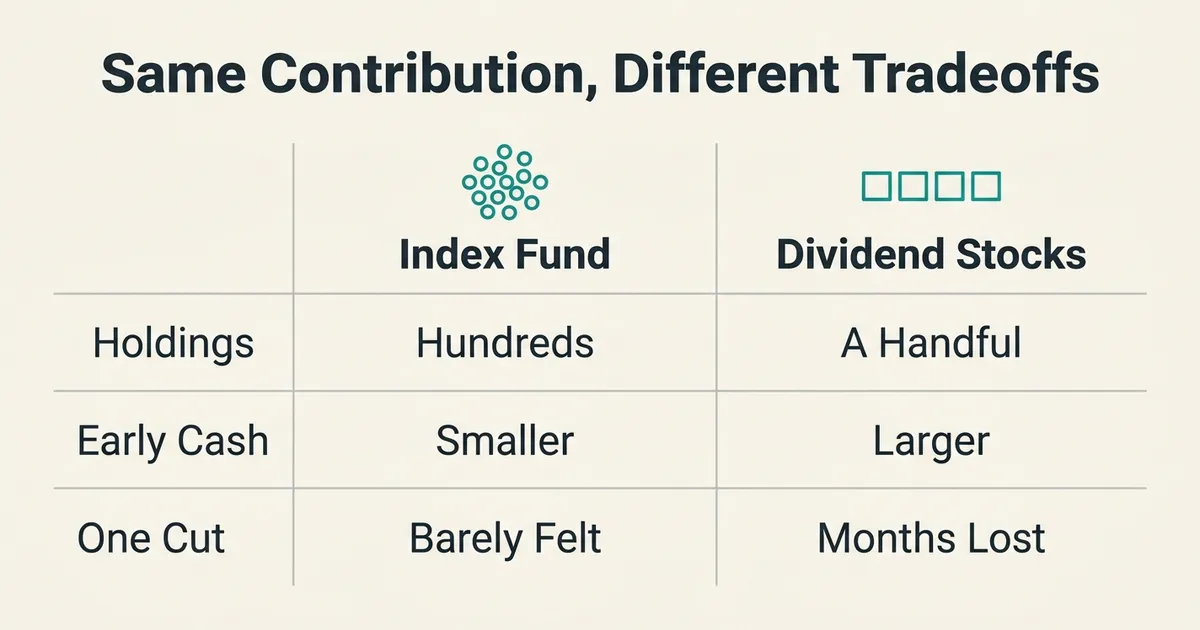 A comparison table headed 'Same Contribution, Different Tradeoffs' contrasts an Index Fund with Dividend Stocks across three…