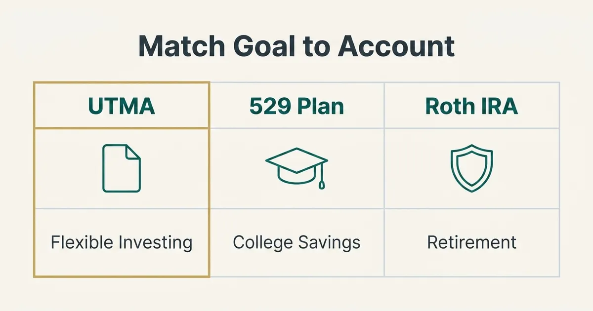 A three-column comparison table with the headline 'Match Goal to Account.' The left column, outlined in gold to signal the featured choice, shows a document icon labeled UTMA above the term Flexible Investing. The middle column shows a graduation-cap icon labeled 529 Plan above the term College Savings. The right column shows a shield icon labeled Roth IRA above the term Retirement, illustrating that UTMA suits general-purpose investing, 529 suits college-specific savings, and Roth IRA is reserved for retirement.