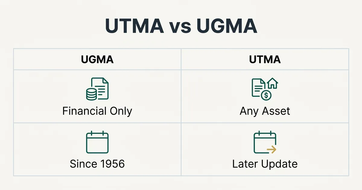 A flat vector comparison table titled 'UTMA vs UGMA' with two columns bordered by thin gray rules. The UGMA column shows a monoline teal icon of coins and a document labeled 'Financial Only', and a calendar icon labeled 'Since 1956'. The UTMA column shows a broader monoline teal icon combining a document, house, and coin labeled 'Any Asset', and a calendar icon with a small gold arrow labeled 'Later Update'. The design uses a warm off-white background, deep slate text, and teal glyphs, emphasizing that UGMA is limited to financial assets while UTMA covers a broader range of asset types.