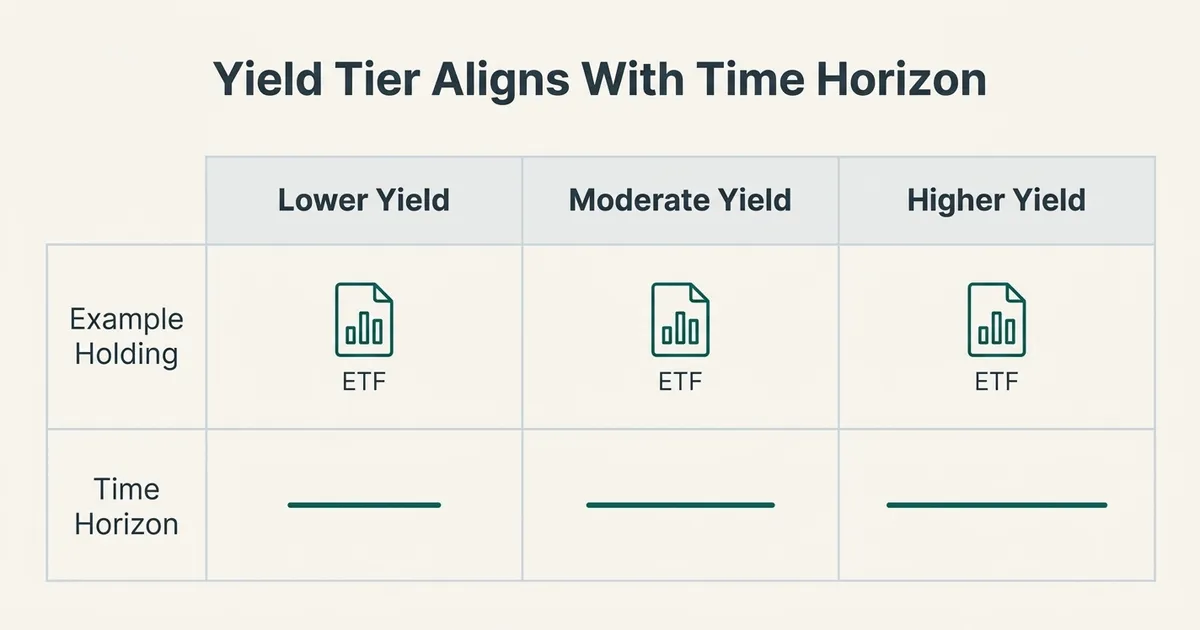 A flat, minimalist exhibit titled 'Yield Tier Aligns With Time Horizon' shows a three-column comparison table for dividend…