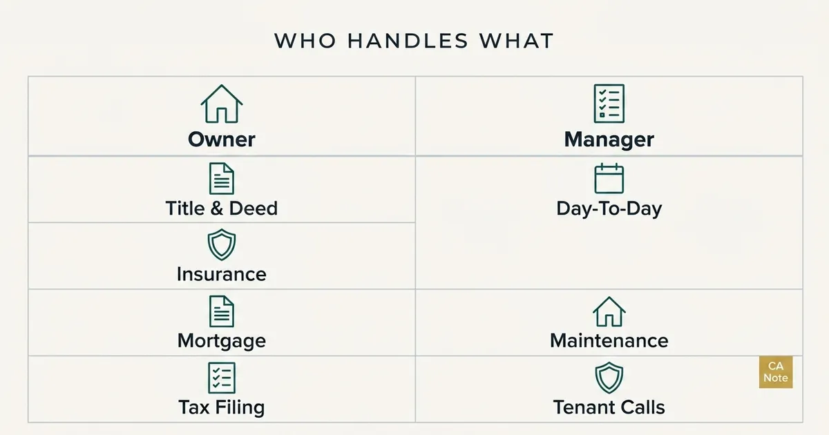 A two-column comparison table titled 'Who Handles What,' contrasting Owner responsibilities (Title & Deed, Insurance, Mortgage, Tax Filing) against Manager responsibilities (Day-To-Day, Maintenance, Tenant Calls) using teal monoline icons like a house, document, shield, calendar, and checklist; a small gold 'CA Note' tag flags one California-specific callout on the Tenant Calls row, with no financial figures shown.