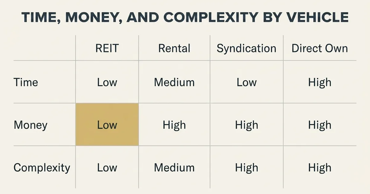 A comparison table titled 'Time, Money, and Complexity by Vehicle' with four columns—REIT, Rental, Syndication, Direct Own—and three rows—Time, Money, Complexity. Each cell holds a single word rating in deep slate text. The Time row reads Low, Medium, Low, High; the Money row reads Low, High, High, High; the Complexity row reads Low, Medium, High, High. The Money cell under REIT is filled with muted gold to mark the standout point: a REIT is the only vehicle here with a low minimum check. No numeric values, dollar amounts, or percentages are shown; the visual conveys only relative comparison.