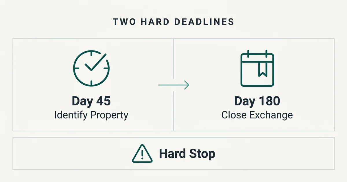 A 1031 exchange deadline diagram headed 'Two Hard Deadlines' shows a clock icon labeled 'Day 45' and 'Identify Property'…