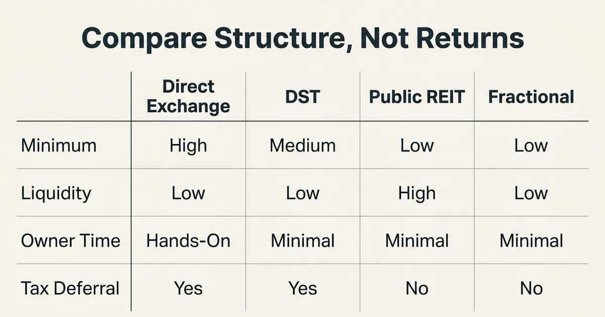 A comparison table headed 'Compare Structure, Not Returns' rates a direct 1031 exchange, a DST, a public REIT, and a…