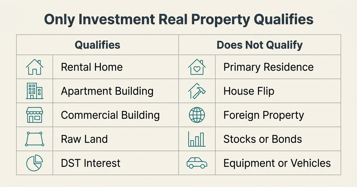 A two-column 1031 exchange table headed 'Only Investment Real Property Qualifies'.