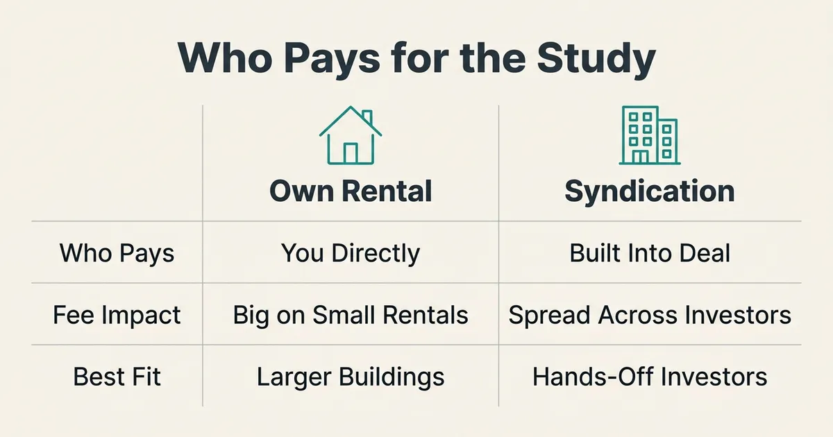 A table headed 'Who Pays for the Study' compares owning a rental with investing through a syndication across three rows: Who…