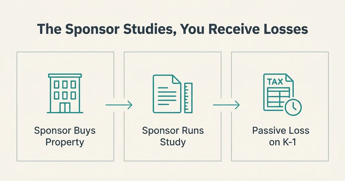 A three-step exhibit headed 'The Sponsor Studies, You Receive Losses' shows panels joined by teal arrows: an apartment…