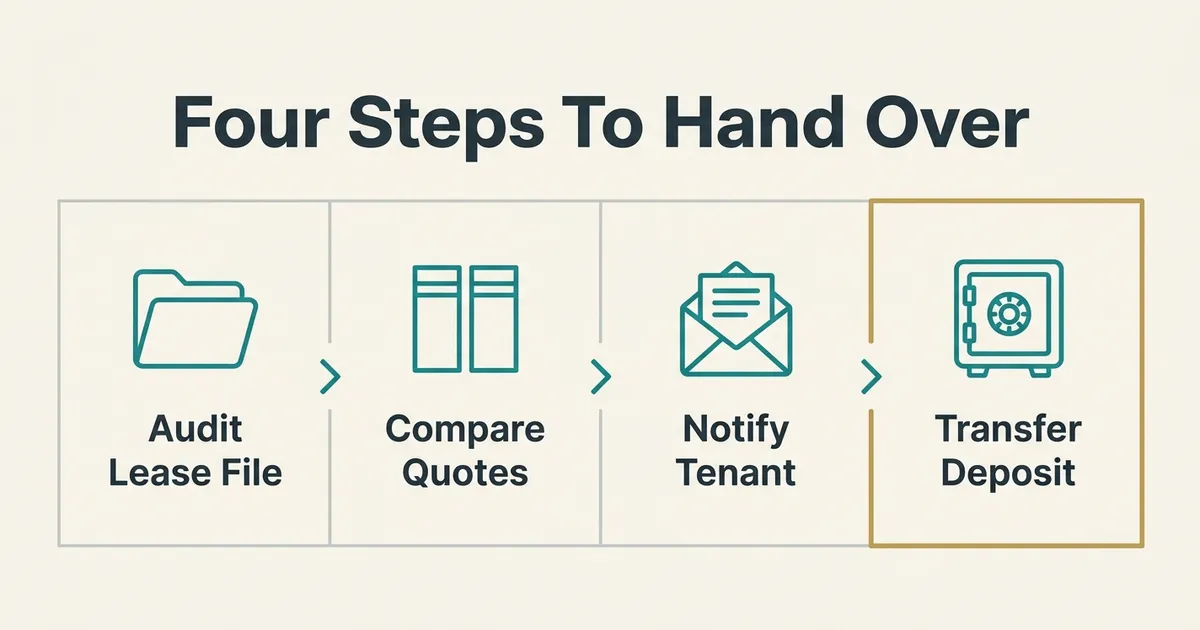 A process diagram titled 'Four Steps To Hand Over' showing four cells left to right, each with a teal monoline glyph above a…