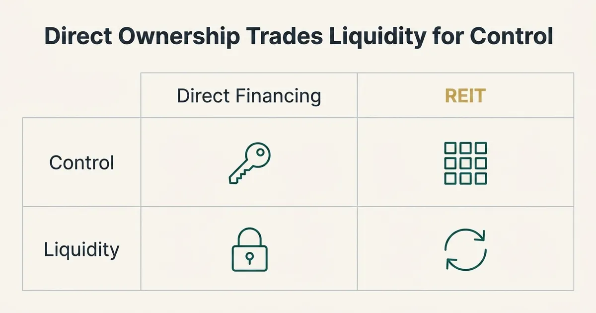 A flat vector comparison table titled 'Direct Ownership Trades Liquidity for Control,' contrasting 'Direct Financing' and…