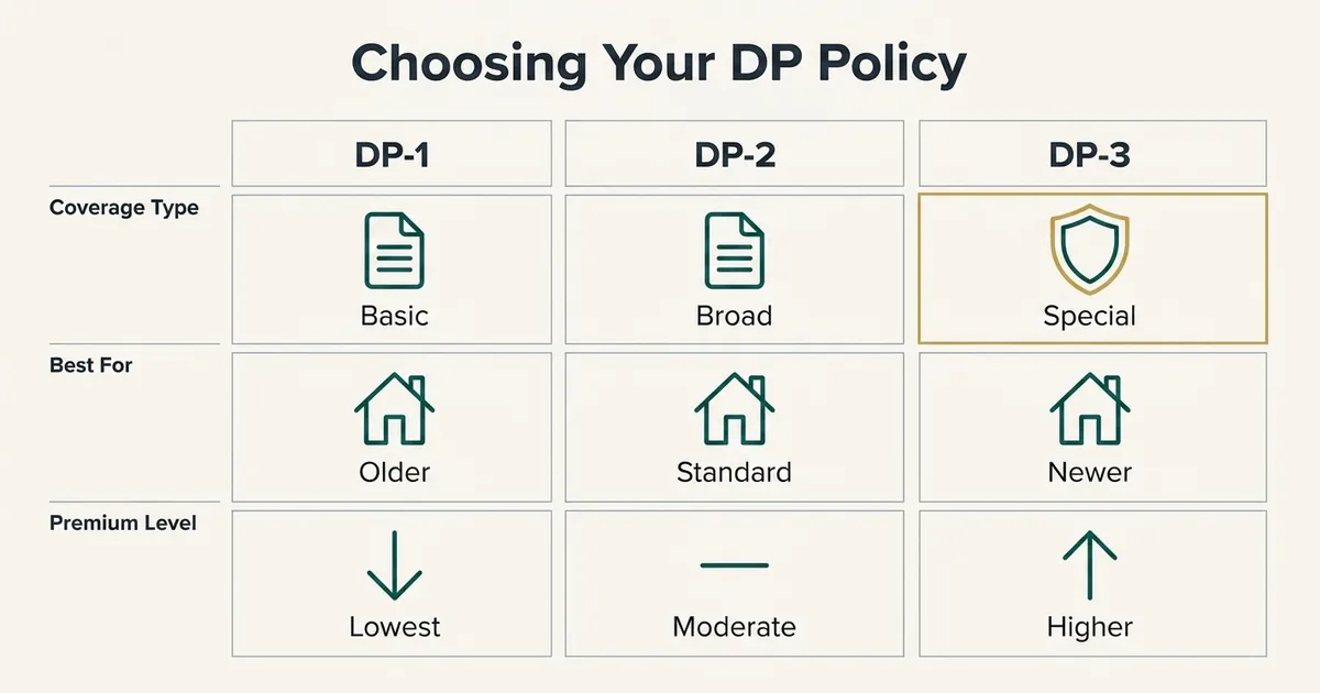 A three-column comparison table titled 'Choosing Your DP Policy' contrasting DP-1, DP-2, and DP-3 insurance forms.