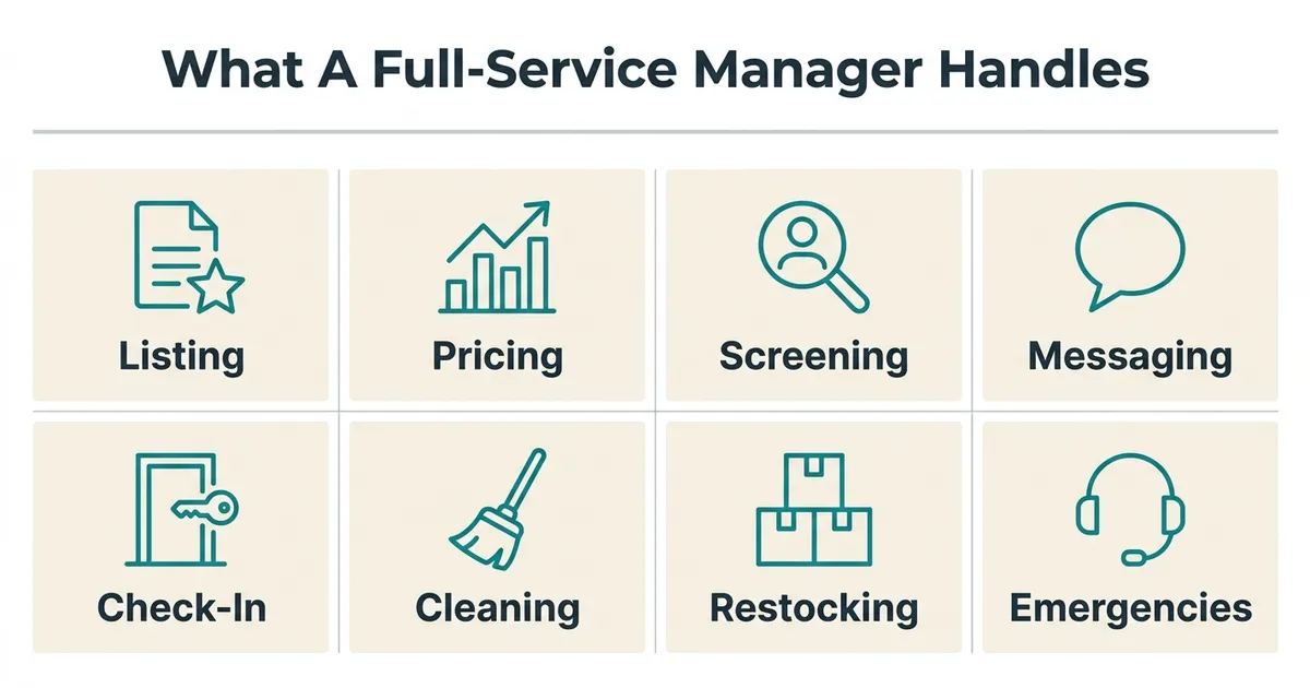 A flat vector diagram titled 'What A Full-Service Manager Handles' shows eight equal rectangular tiles in a two-row, four-column grid, each with a thin teal monoline icon above a label. The top row reads: a document-with-star icon labeled 'Listing', a rising bar-chart icon labeled 'Pricing', a magnifying-glass-over-person icon labeled 'Screening', and a speech-bubble icon labeled 'Messaging'. The bottom row reads: a door-with-key icon labeled 'Check-In', a broom icon labeled 'Cleaning', a stacked-boxes icon labeled 'Restocking', and a headset icon labeled 'Emergencies'. All eight tiles are styled identically, together covering the guest-lifecycle tasks an Airbnb management company takes over from the owner.