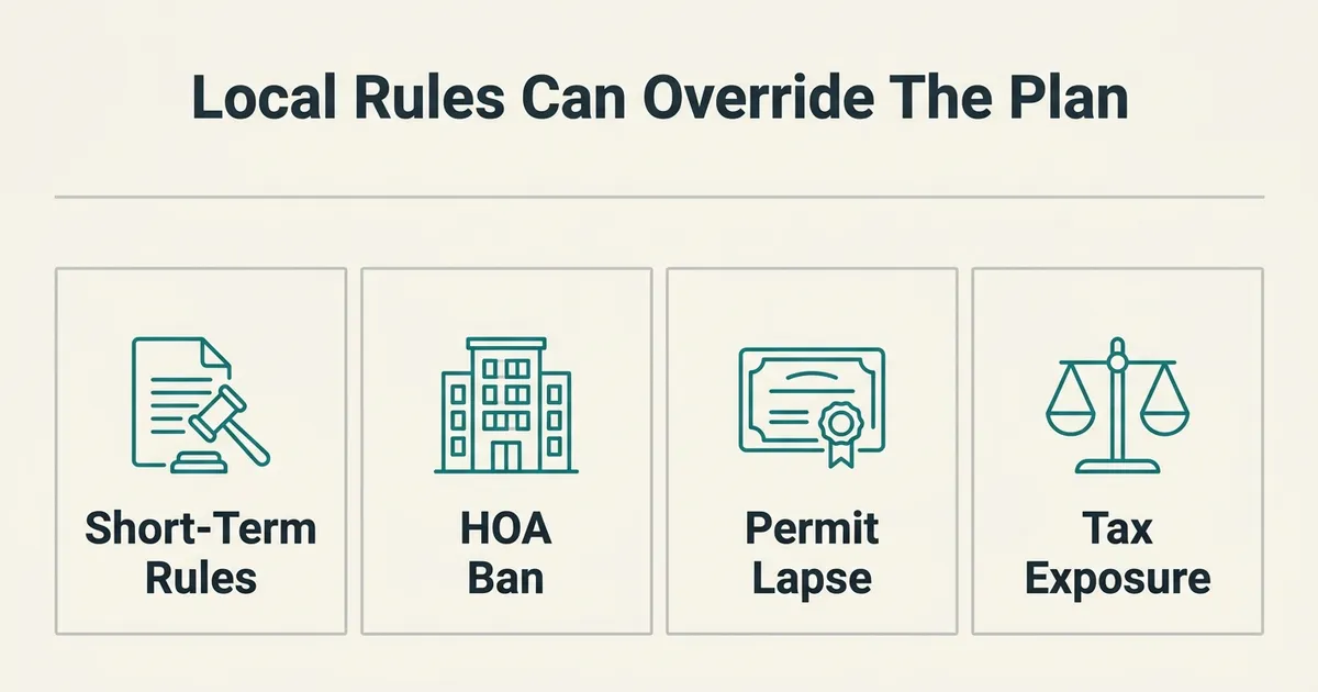 A flat vector information graphic titled 'Local Rules Can Override The Plan' shows four equal bordered cells in a row, each styled identically with a thin teal monoline icon above a label: a document-and-gavel icon labeled 'Short-Term Rules', an apartment-building icon labeled 'HOA Ban', a certificate-with-seal icon labeled 'Permit Lapse', and a balance-scale icon labeled 'Tax Exposure' — the four categories of local legal and regulatory risk that can make passive Airbnb hosting unviable for a specific property, shown with equal weight.