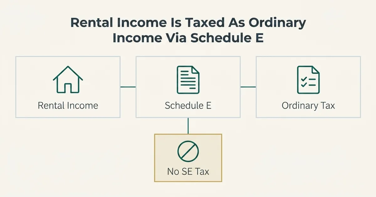 A flat vector diagram shows a three-step horizontal flow: a house icon labeled 'Rental Income' connects via a thin teal line to a document icon labeled 'Schedule E', which connects to another document icon labeled 'Ordinary Tax'. A vertical connector drops from the 'Schedule E' panel to a smaller gold-bordered badge panel containing a prohibition icon labeled 'No SE Tax', indicating that rental income is taxed as ordinary income through Schedule E but is not subject to self-employment tax.
