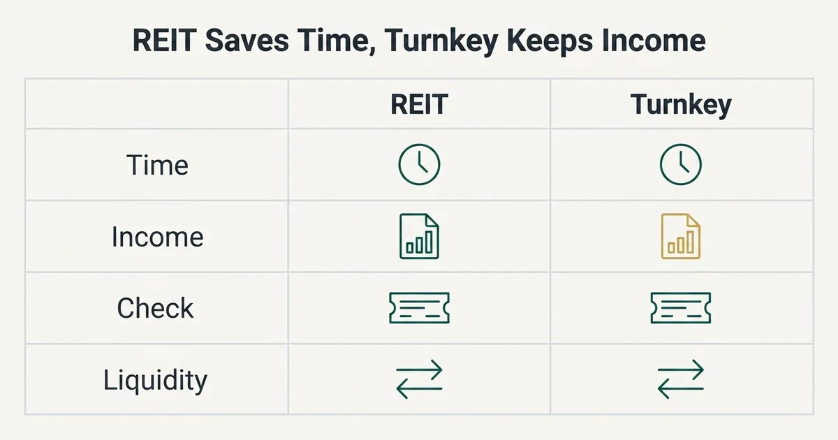 A flat vector comparison table titled 'REIT Saves Time, Turnkey Keeps Income' with two columns, 'REIT' and 'Turnkey', compared across four rows labeled Time, Income, Check, and Liquidity. Each row shows matching monoline teal icons (a clock, a document/bar icon, a check icon, and a two-headed arrow) in both columns, except the Income row, where the Turnkey column's icon is highlighted in muted gold to indicate it retains more rental income, while the REIT column is visually equivalent elsewhere, illustrating the trade-off between time efficiency and income retention without showing any specific numbers or dollar amounts.