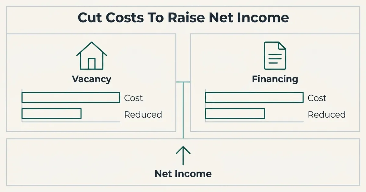 A McKinsey-style exhibit titled 'Cut Costs To Raise Net Income' shows two side-by-side panels labeled 'Vacancy' and 'Financing', each with a monoline teal glyph (a house for vacancy, a document for financing) and two schematic bars labeled 'Cost' (longer) and 'Reduced' (shorter), both connecting via a vertical line down to a bottom panel with an upward arrow glyph labeled 'Net Income', illustrating that reducing vacancy and financing costs raises net rental income without added landlord work.