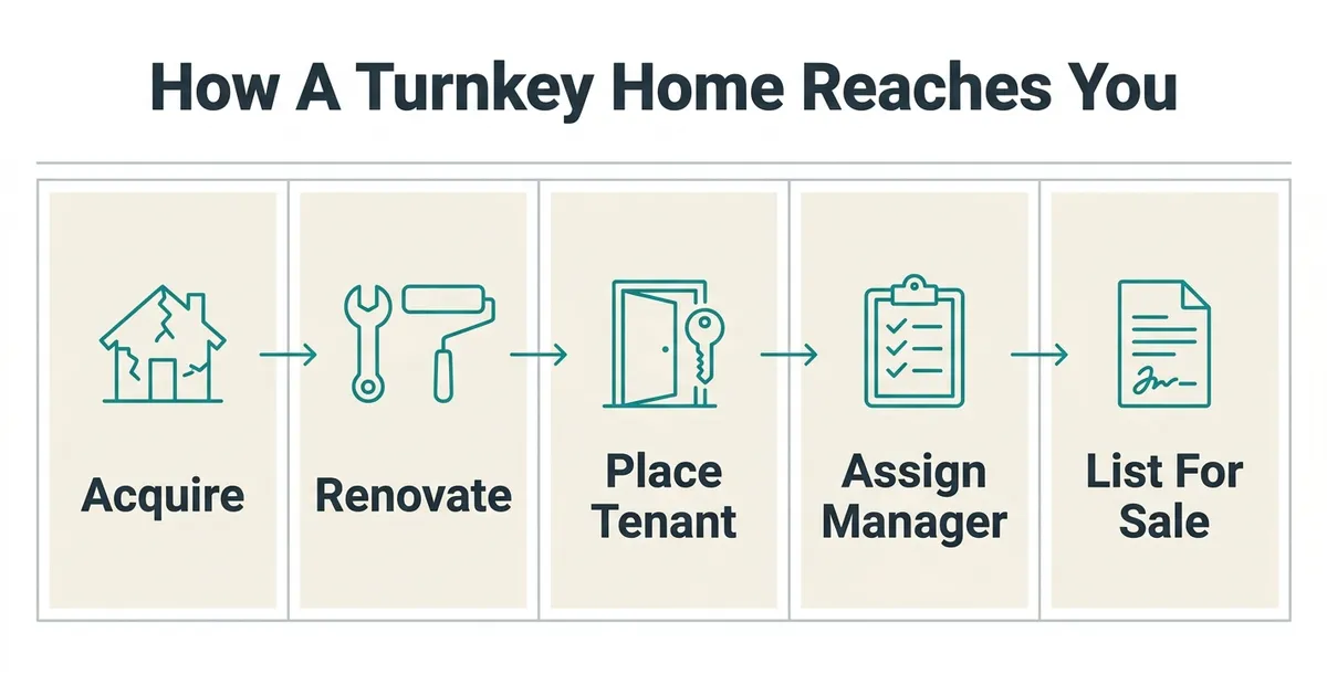 A five-step flow diagram titled 'How A Turnkey Home Reaches You' showing five bordered cells connected left to right by arrows: a cracked-house outline labeled 'Acquire', a wrench-and-paint-roller glyph labeled 'Renovate', a door-with-key glyph labeled 'Place Tenant', a clipboard-with-checklist glyph labeled 'Assign Manager', and a signed-document glyph labeled 'List For Sale', all rendered in teal monoline icons with deep slate labels on an off-white background with pale gray hairline borders.