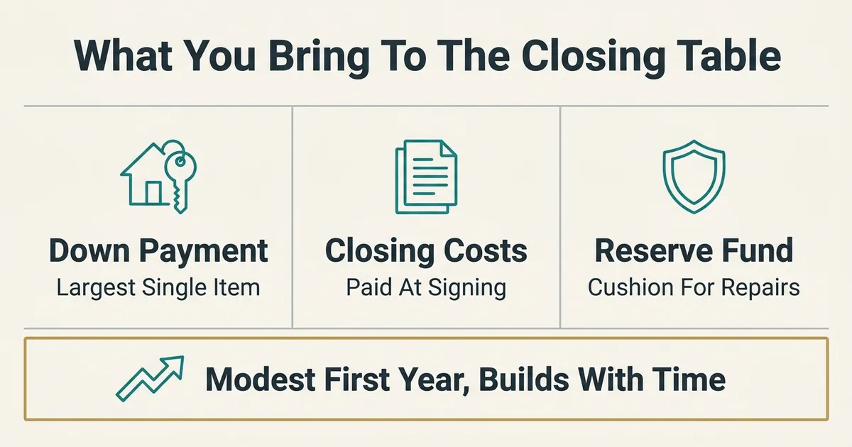 A consultancy-style exhibit titled 'What You Bring To The Closing Table' shows a row of three bordered cells with monoline teal icons: a house-with-key glyph labeled 'Down Payment' over the line 'Largest Single Item', a stacked-documents glyph labeled 'Closing Costs' over 'Paid At Signing', and a shield glyph labeled 'Reserve Fund' over 'Cushion For Repairs'. Beneath them a full-width panel outlined in muted gold carries an upward-trending arrow glyph and the label 'Modest First Year, Builds With Time'. All text is deep slate on warm off-white, hairline gray borders, no numbers or dollar figures shown.