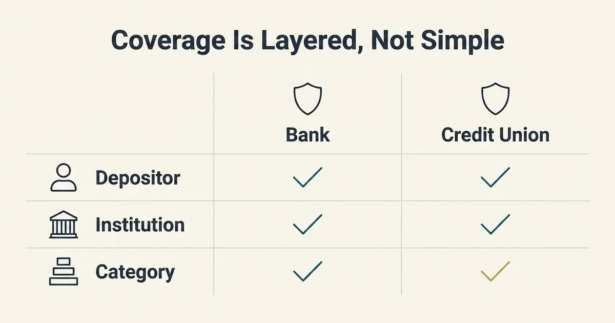 A flat, monoline comparison table titled 'Coverage Is Layered, Not Simple,' with two columns headed by shield icons labeled…