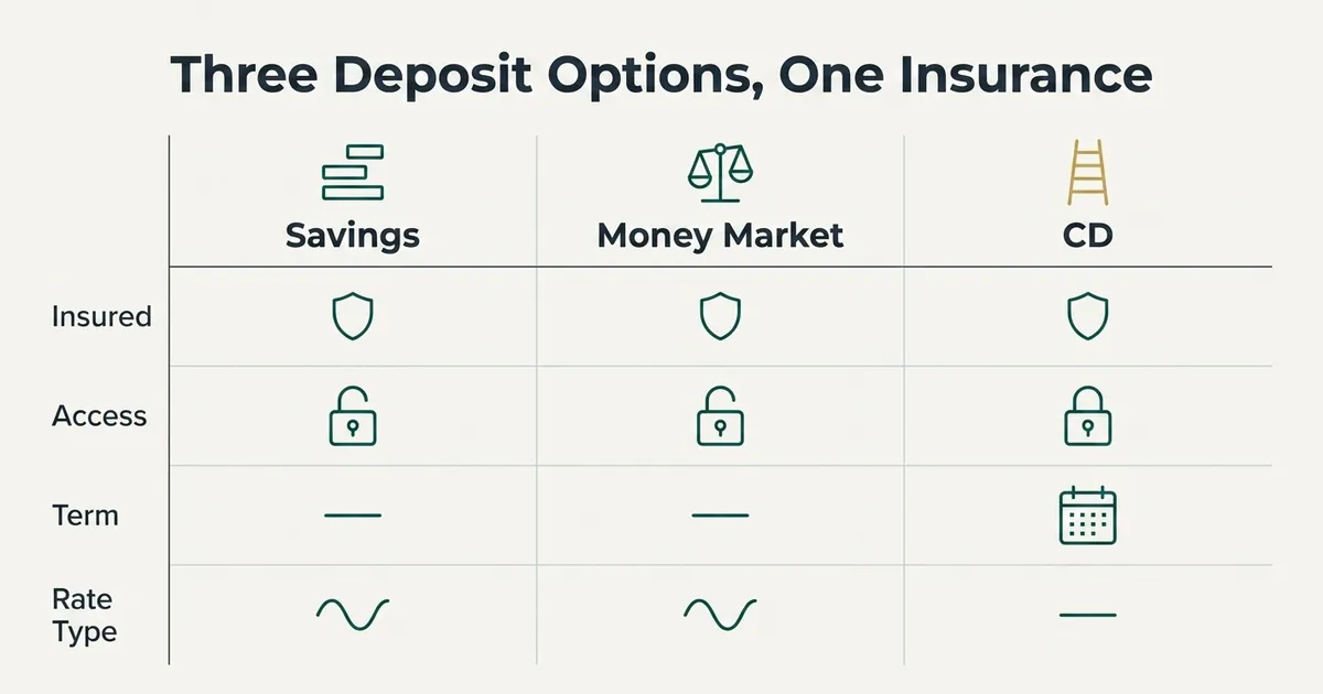 A flat vector comparison table titled 'Three Deposit Options, One Insurance' with three columns—Savings, Money Market, and…