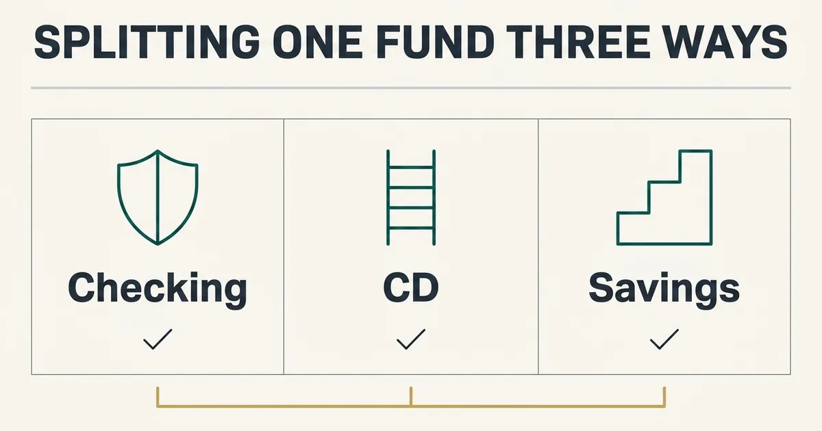 A flat vector diagram titled 'Splitting One Fund Three Ways' shows a three-column table illustrating how a single emergency…