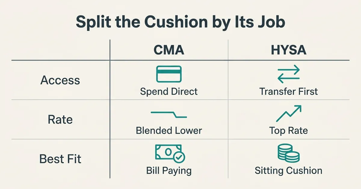 A McKinsey-style exhibit comparing a cash management account to a high-yield savings account for holding an emergency fund…