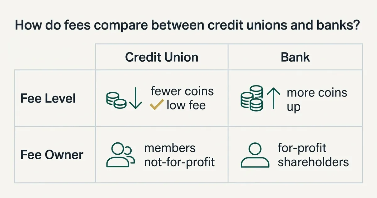 A flat vector comparison table on a warm off-white background titled 'Fewer Fees, No Shareholder' in deep slate…