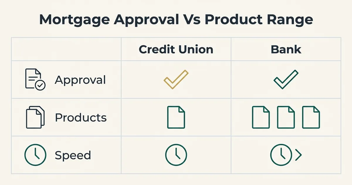 A comparison table with rows for Approval, Products, and Speed under two column headers, Credit Union and Bank.