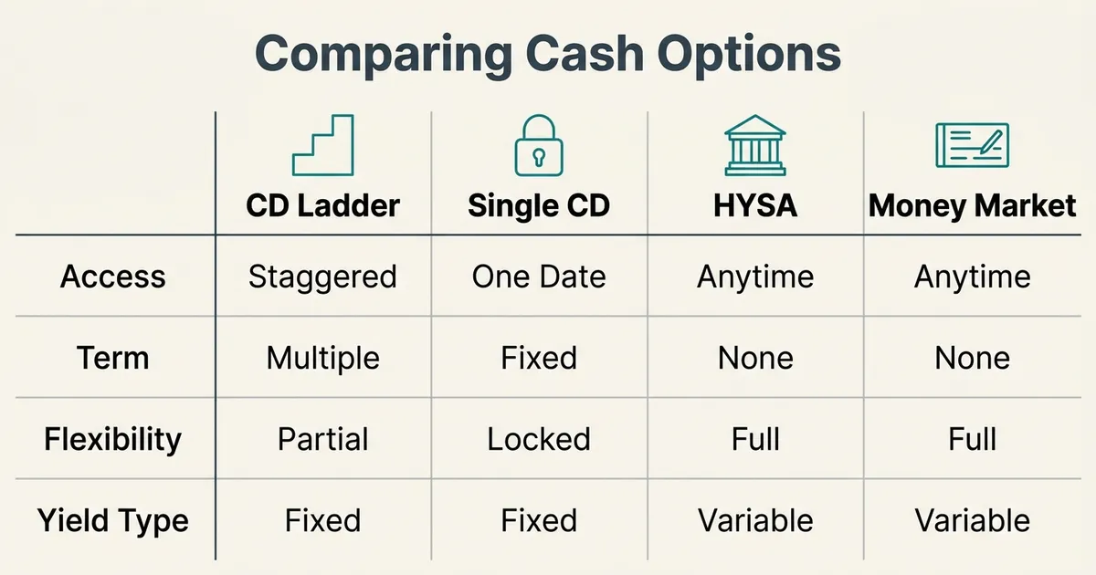 A comparison table titled 'Comparing Cash Options' contrasts CD Ladder, Single CD, HYSA, and Money Market down four rows. Access is Staggered for the CD ladder, One Date for a single CD, and Anytime for both HYSA and money market. Term is Multiple, Fixed, None, and None. Flexibility is Partial, Locked, Full, and Full. Yield Type is Fixed for both CD options and Variable for both deposit accounts. Column headers carry teal monoline icons — ascending steps, a padlock, a bank column, and a checkbook — on a warm off-white background with pale gray hairline borders and no dollar amounts, rates, or performance figures.