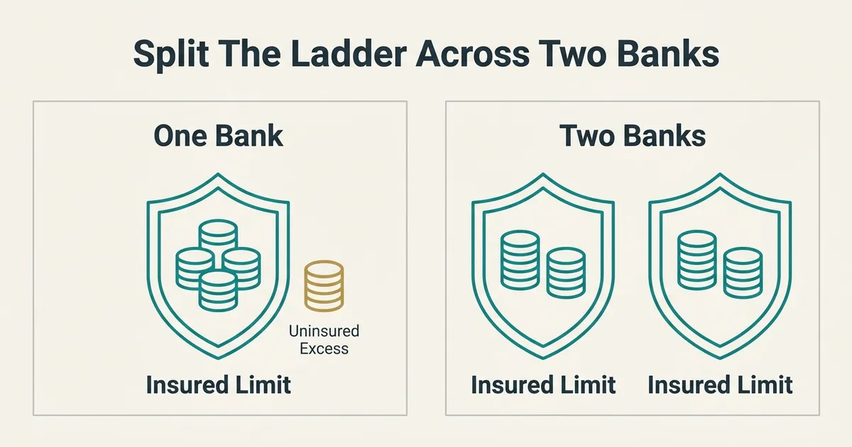 A two-panel diagram titled 'Split The Ladder Across Two Banks'. The left panel, captioned 'One Bank', shows a single large teal shield labeled 'Insured Limit' holding three coin stacks, with a fourth coin stack drawn in muted gold sitting outside the shield and labeled 'Uninsured Excess'. The right panel, captioned 'Two Banks', shows two teal shields each labeled 'Insured Limit', each fully containing two coin stacks so nothing falls outside coverage. Teal monoline glyphs and deep slate text on a warm off-white background, with no dollar amounts or numbers shown.
