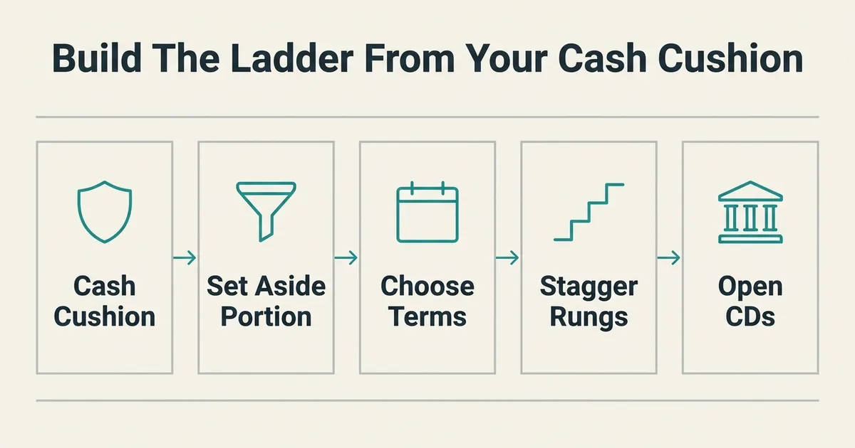 A five-step flow diagram titled 'Build The Ladder From Your Cash Cushion' shows five bordered cells connected left to right by thin teal arrows: a shield glyph labeled 'Cash Cushion', a funnel glyph labeled 'Set Aside Portion', a calendar glyph labeled 'Choose Terms', an ascending-steps glyph labeled 'Stagger Rungs', and a bank-column glyph labeled 'Open CDs', all rendered as teal monoline icons with deep slate labels on a warm off-white background with pale gray hairline borders. No dollar amounts or rates are shown.