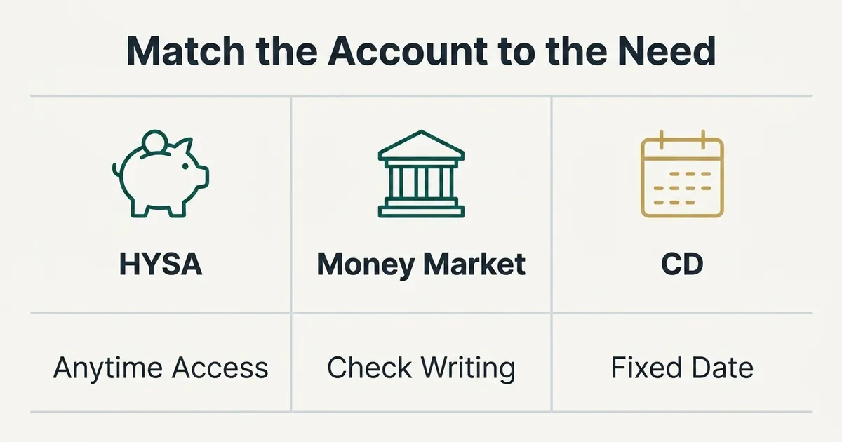 A McKinsey-style comparison table titled 'Match the Account to the Need' with three bordered columns labeled HYSA, Money Market, and CD, each topped by a monoline teal glyph (piggy bank, bank building, calendar) and a short trait beneath: Anytime Access, Check Writing, and Fixed Date, with the CD calendar glyph shown in muted gold to highlight its fixed-term nature.