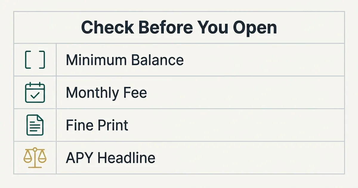 A flat vector checklist diagram titled 'Check Before You Open' showing four rows, each pairing a simple teal monoline icon with a short label: a bracket-threshold icon beside 'Minimum Balance', a calendar-tick icon beside 'Monthly Fee', a document icon beside 'Fine Print', and a balance-scale icon outlined in muted gold beside 'APY Headline', all separated by thin gray hairline rules on a warm off-white background.