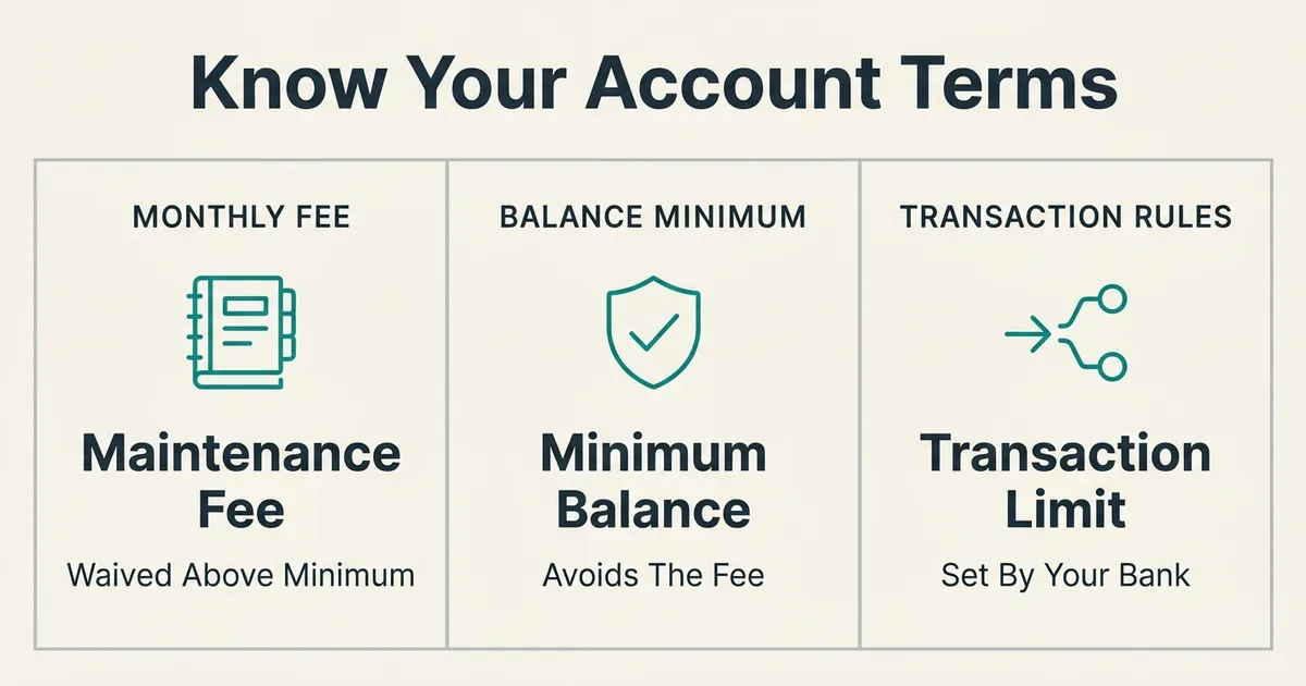 A three-column flat infographic on a warm off-white background titled 'Know Your Account Terms', covering the three money market account conditions to check before opening one. The left column, headed 'Monthly Fee', shows a teal monoline ledger glyph above the bold label 'Maintenance Fee' and the note 'Waived Above Minimum'. The middle column, headed 'Balance Minimum', shows a teal monoline shield glyph above the bold label 'Minimum Balance' and the note 'Avoids The Fee'. The right column, headed 'Transaction Rules', shows a teal monoline arrow-and-nodes glyph above the bold label 'Transaction Limit' and the note 'Set By Your Bank'. Deep slate geometric-sans text with pale gray hairline rules separating the columns; no dollar amounts, rates, or numbers appear anywhere in the image.