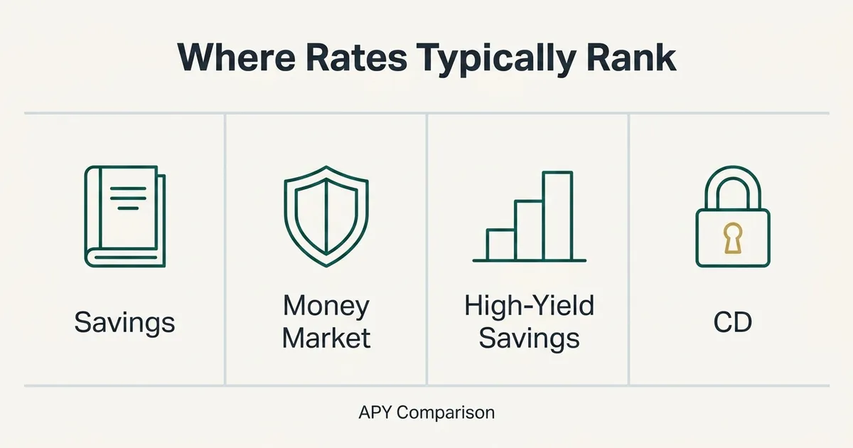 A flat infographic comparison row with four bordered cells labeled Savings, Money Market, High-Yield Savings, and CD, each paired with a simple teal monoline icon (ledger, shield, stepped bars, and a lock with a gold keyhole accent), arranged left to right to schematically indicate their typical relative ranking in interest rates, under the headline 'Where Rates Typically Rank' and caption 'APY Comparison', with no numeric values shown.