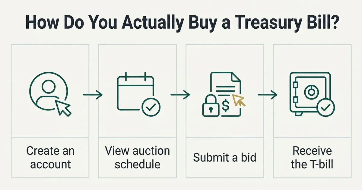 A four-step horizontal flowchart titled 'How Do You Actually Buy a Treasury Bill?' with four bordered panels connected by thin teal arrows: a person-and-cursor glyph labeled 'Create an account', a calendar-with-checkmark glyph labeled 'View auction schedule', a document glyph bearing a padlock and a dollar sign labeled 'Submit a bid', and a safe-with-checkmark glyph labeled 'Receive the T-bill'. All glyphs are thin monoline drawings on a warm off-white background; no rates, percentages, or specific dollar amounts appear.