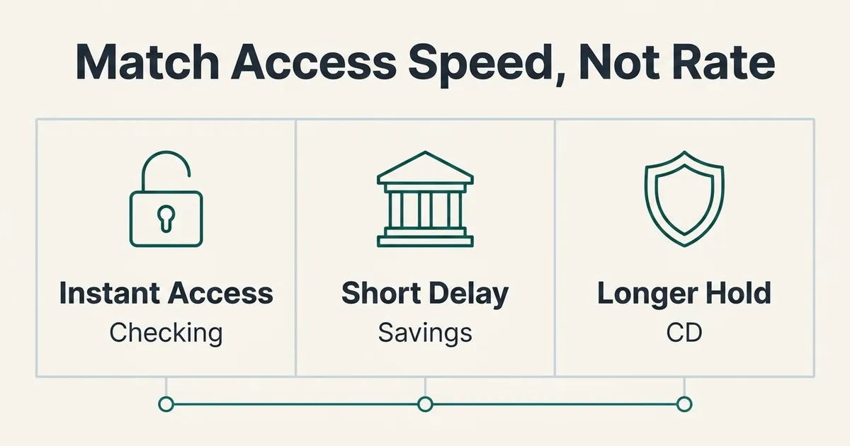 A three-panel diagram comparing emergency-fund tiers by liquidity speed rather than interest rate: a lock-open icon labeled 'Instant Access' with 'Checking' beneath it, a bank icon labeled 'Short Delay' with 'Savings' beneath it, and a shield icon labeled 'Longer Hold' with 'CD' beneath it, all connected by a thin horizontal line showing they form one combined fund, with a headline reading 'Match Access Speed, Not Rate' at top.