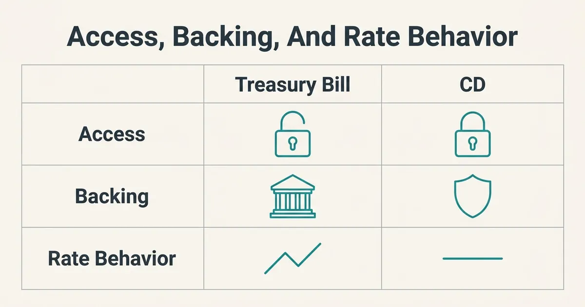 A three-row comparison table titled 'Access, Backing, And Rate Behavior' with two columns, 'Treasury Bill' and 'CD'. The Access row pairs an open-shackle padlock for the Treasury bill, which can be sold before maturity, with a closed padlock for the CD, which is locked until its term ends. The Backing row pairs a classical government building for the Treasury bill with a shield for the CD's deposit insurance. The Rate Behavior row pairs a rising-and-falling zig-zag line for the Treasury bill's auction-set rate with a flat horizontal line for the CD's fixed rate. All glyphs are thin teal monoline drawings on a warm off-white grid; no rates, percentages, or dollar figures appear.