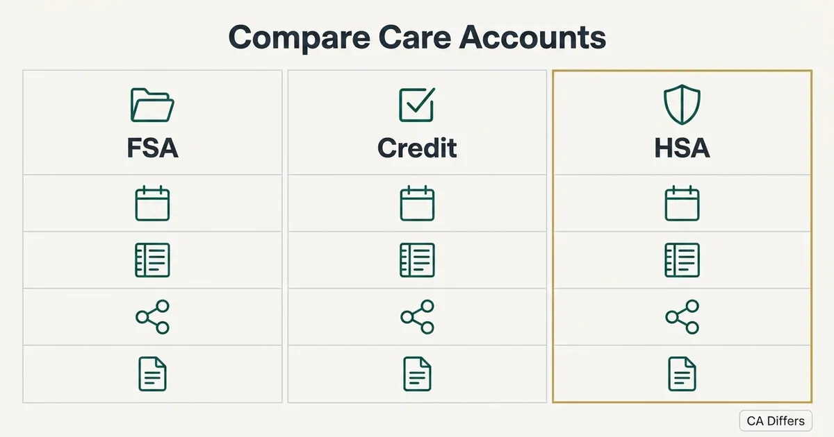 A flat vector comparison table titled 'Compare Care Accounts' with three bordered columns labeled FSA, Credit, and HSA (the HSA column outlined in gold to denote its unique pairing with high-deductible health plans). Each column contains the same four rows of small teal monoline icons—a calendar, a ledger, a two-node link, and a document—representing shared comparison points such as timing, eligible expenses, employer versus filer responsibility, and paperwork, without any dollar figures or outcomes shown. A small footnote chip in the lower right reads 'CA Differs', flagging a state-specific variation within the same grid structure.
