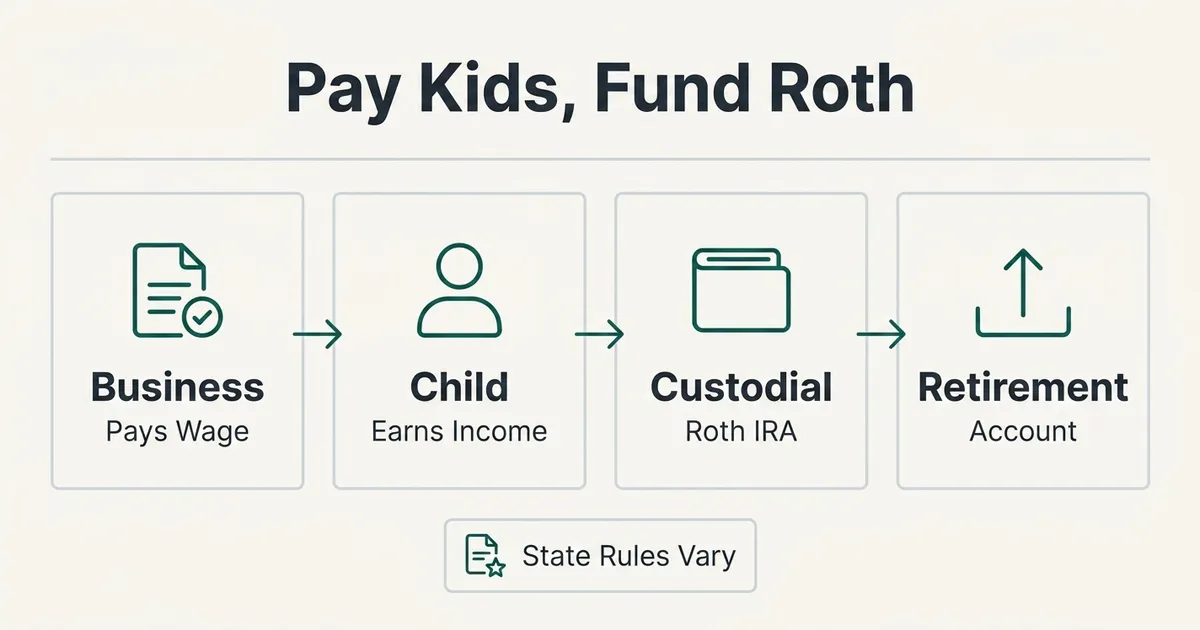 A four-step left-to-right flow diagram titled 'Pay Kids, Fund Roth' showing a business paying a child wages, the child earning income, funds moving into a custodial Roth IRA, and finally into a retirement account, each step shown as a bordered panel with a simple teal outline icon and label connected by thin arrows, with a small footnote chip below reading 'State Rules Vary' to indicate state-specific tax conformity differences.