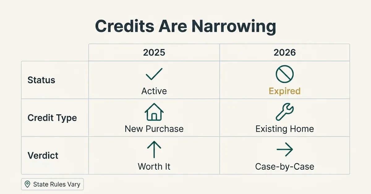 A comparison table contrasts residential energy credit status across 2025 and 2026: 2025 shows an active checkmark for new home purchases with a verdict of 'Worth It', while 2026 shows an expired prohibition icon (highlighted in gold) for existing-home improvements with a verdict of 'Case-by-Case'. A small footnote chip at the bottom notes that state rules vary, illustrated with a map-pin icon.