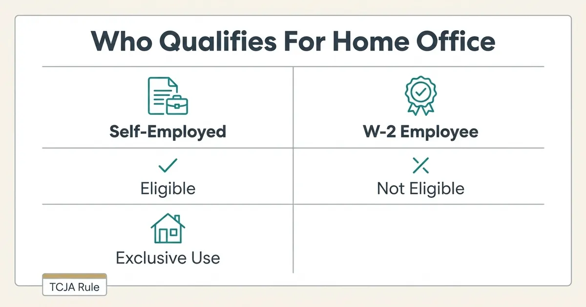 A flat vector exhibit titled 'Who Qualifies For Home Office' presents a two-column comparison table on a warm off-white background. The left column, headed by a briefcase-document icon and labeled 'Self-Employed', shows a checkmark icon labeled 'Eligible' and a house-with-room icon labeled 'Exclusive Use'. The right column, headed by a badge icon and labeled 'W-2 Employee', shows a slash icon labeled 'Not Eligible' and an empty cell with no icon. Thin pale-gray hairlines separate the header, rows, and columns. A small gold-topped annotation chip at the bottom left reads 'TCJA Rule'. All icons are monoline teal glyphs, and all text is deep slate, consistent with a minimalist financial-information diagram style with no dollar figures or numeric claims.